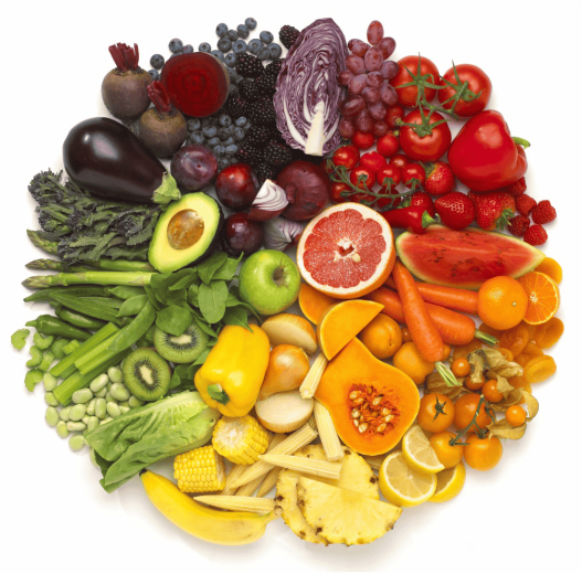 Frutas y verduras variadas para una alimentación saludable y equilibrada en ENHEL Reflexología.
